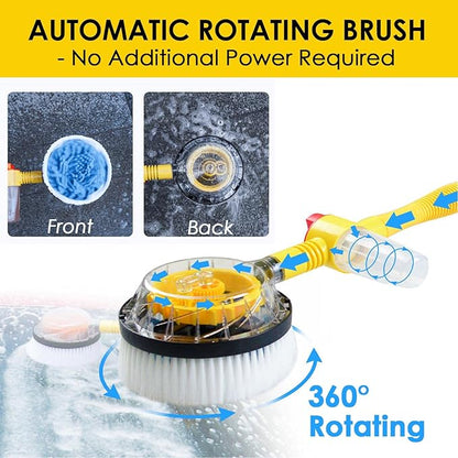Rotating Car Wash Brush with Soap Dispenser, Automatic Rotary Car Wash Mop Soft Exterior Car Cleaning Brush Kit Garden Hose Flow Through Scrub Brush to Wash Car Truck RV (Long Handle)