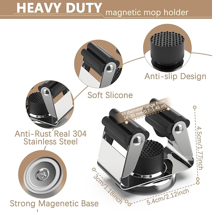 3-H Magnetic Broom Holder 8 Piece Set, 304 Stainless Steel Broom Holder Wall Mount, No Drilling Magnetic Tool Holder with 4 Mini Magnetic Hooks for Garage Garden Laundry Kitchen, Silver