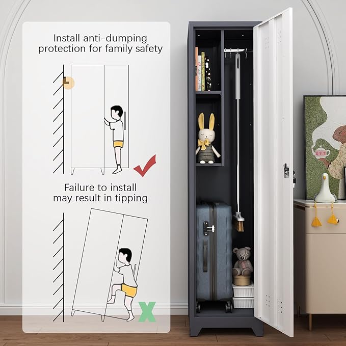 GREATMEET Slim Metal Utility Cleaning Storage Cabinet with Single Door, Narrow Tool Organizer for Brooms, Mops & Cleaning Supplies, Garage & Laundry Room Use, Grey White