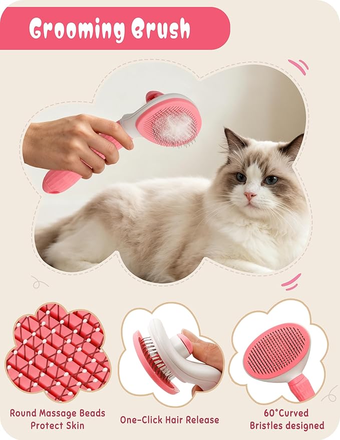 Pet Grooming Set, Dog Bathing Supplies, Bathing Glove, Towels, and Shampoo Brush, Finger-Sleeve Toothbrush for Dogs and Cats, Including a Comb Set, Suitable for Small Dogs and Cats 9-Piece (Pink)