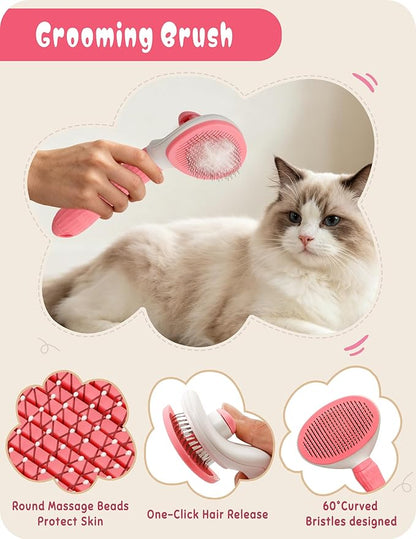 Pet Grooming Set, Dog Bathing Supplies, Bathing Glove, Towels, and Shampoo Brush, Finger-Sleeve Toothbrush for Dogs and Cats, Including a Comb Set, Suitable for Small Dogs and Cats 9-Piece (Pink)