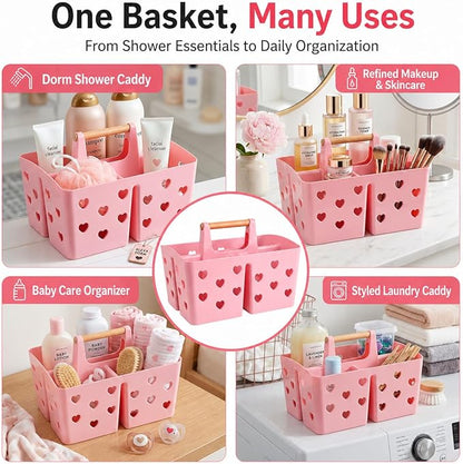 Pink Portable Shower Caddy with Wooden Handle, Plastic Shower Basket Organizer with Drainage Holes & 3 Compartments, Dorm Shower Caddy for College Students, Bathroom, Gym, Camping Toiletry Storage