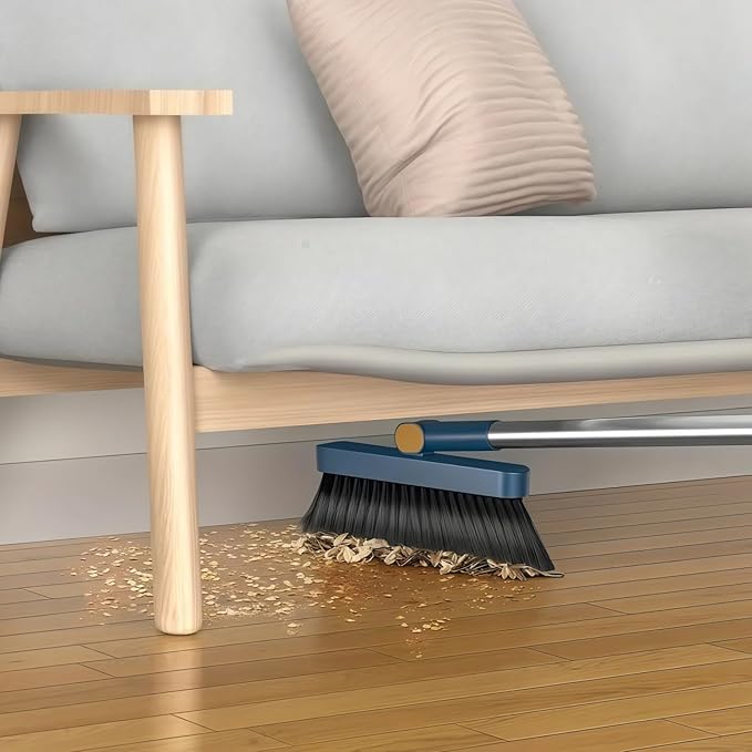 Broom and Dustpan Set, Long Handle Standing Broom with Self-Cleaning Comb Teeth, Heavy Duty Broom Dustpan Combo for Home Kitchen Office Floor Pet Hair Cleaning (Gray)