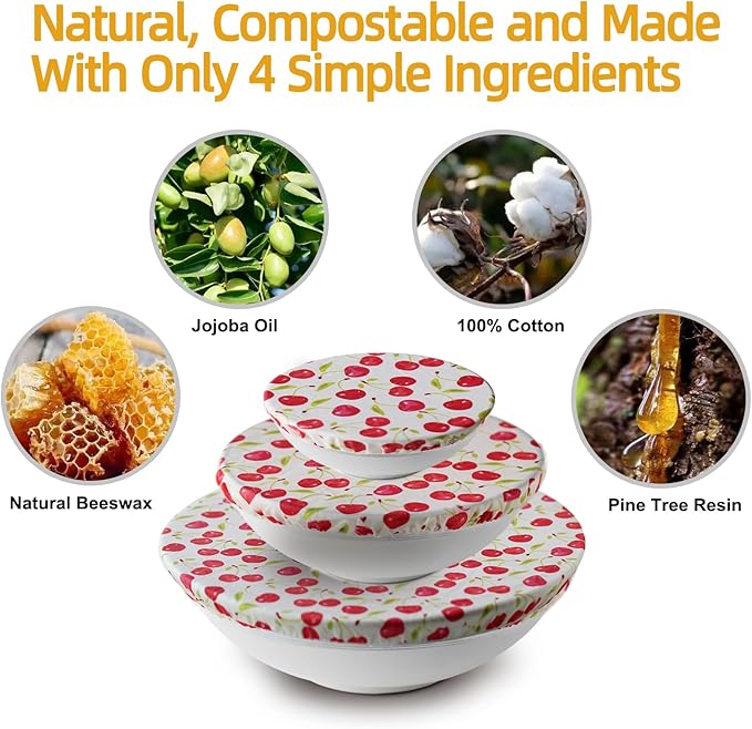 4PCS Reusable Beeswax Bowl Covers for Bread Proofing, Washable Sourdough Proofing Covers, Elastic Cotton Dish Domes for Food Storage
