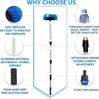 Ultimate RV/Truck Wash Brush Kit – 68" Adjustable Aluminum Pole with Flow-Thru Hose Attachment, Soft Bristles w. Replaceable Chenille Mop Squeegee, Reinforced Connectors – Safe for Car/Truck/RV/SUV