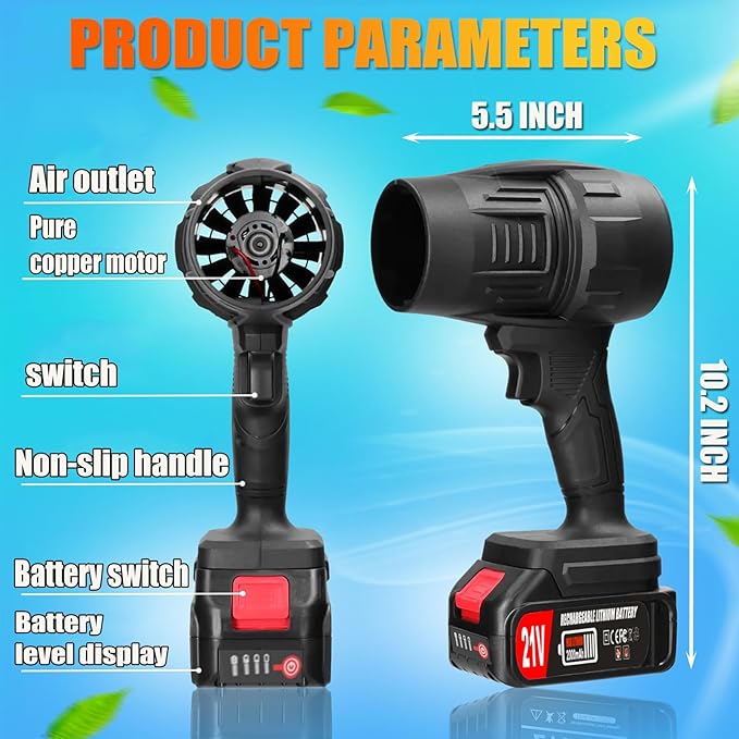 Cordless Leaf Blower Portable Dust Cleaner Handheld 500000RPM Compressed Air Duster, Electric Blower with 2 Battery and Charger&Adjustable Speed for Lawn Care,Patio Cleaning,Drying,Camping