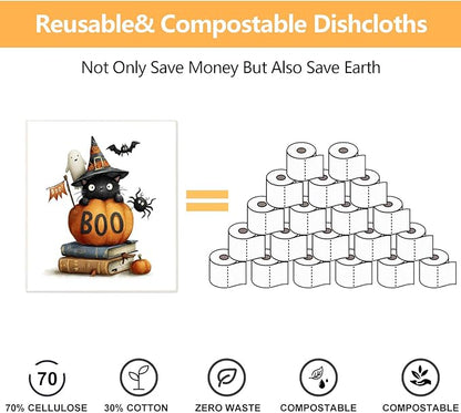 6 Pack Swedish Dishcloths for Kitchen - Reusable Dish Paper Towels Wash Cloths Washable,Absorbent Cellulose Cleaning Sponge Cloth Wipes, Decorative Tea Towels,No Odor Biodegradable(Halloween)