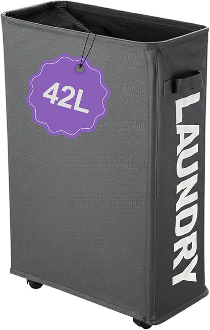 42L Narrow Rolling Laundry Basket, Slim Laundry Hamper with Wheels and Brake, Collapsible Skinny Laundry Cart for Dorm and Small Spaces, Dark Gray