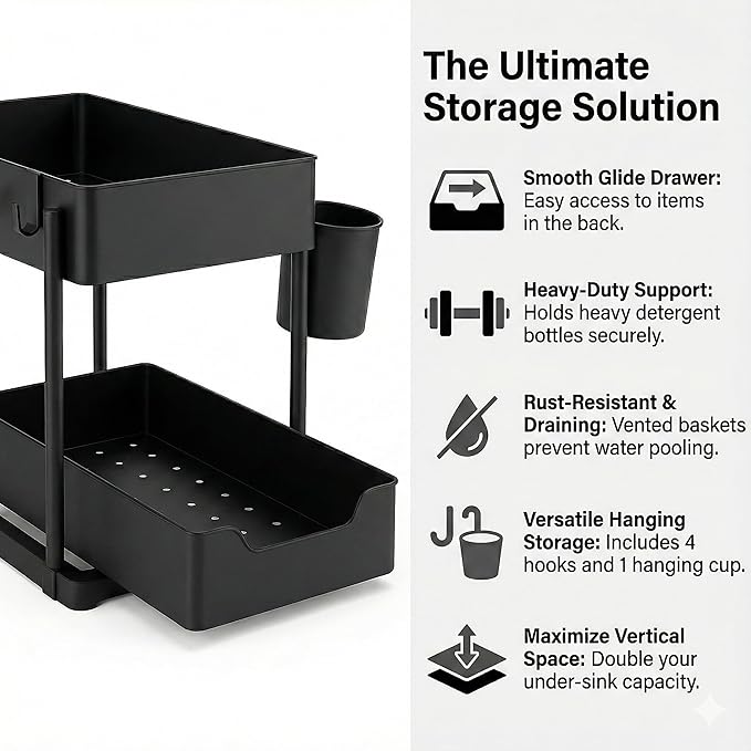 Under Sink Organizer – 2 Tier Sliding cabinet organizer with 4 Hooks & 1 Cup | Multi-Purpose Space Saving Shelf for under kitchen sink storage, Countertop, Bathroom, Pantry & Office Organization