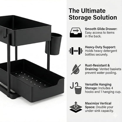 Under Sink Organizer – 2 Tier Sliding cabinet organizer with 4 Hooks & 1 Cup | Multi-Purpose Space Saving Shelf for under kitchen sink storage, Countertop, Bathroom, Pantry & Office Organization