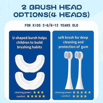 DYCROL Kids U Shaped Electric Toothbrush with 4 Brush Heads, Sonic Toothbrush Kids with 5 Modes, Cartoon Dinosaur 360-Degree Cleaning IPX7 Waterproof Design (6-12 Age (Blue))