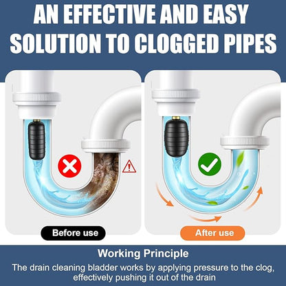 3 Pcs Drain Bladder Kit, Drain Cleaning Bladder Fits 1" to 6" Pipes, with 10 ft Retractable Hose, Shut-Off Valve & Brass Faucet Adapter Fits Most Faucets– For Sinks, Showers, Pools & Drains (Green)