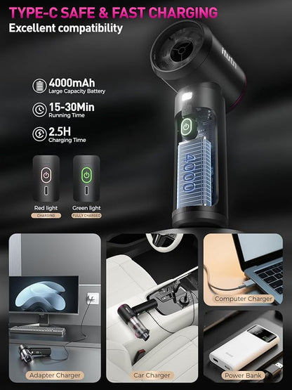 Mini Car Vacuum Portable Cordless with LED Light, 15000PA Powerful Suction, 80W High Power, One-Click Empty, Dual Hepa Filter, Y8plus Car Vacuum Cleaner & Air Duster for Home, Desk, PC, Keyboard