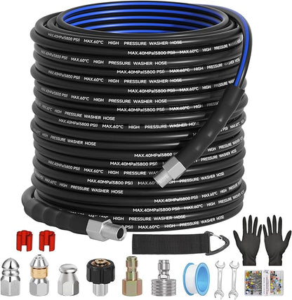 Sewer Jetter Kit for Pressure Washer(150FT),1/4" NPT Drain Cleaner Hose 5800PSI with 3 Sewer Jet Nozzles，Pearl Corsage Pin，Marking Ring,Spray Nozzle，Teflon Tape&Gloves