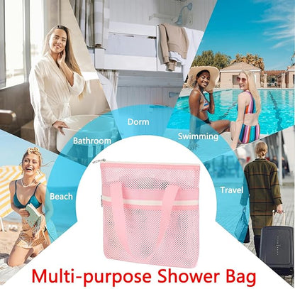 Fammart Mesh Shower Caddy Portable with Zipper & 2 Pockets - Quick Dry Shower Caddy Hanging for Travel Gym Camp Beach - Organizer Bag Bathroom Essentials for College Dorm