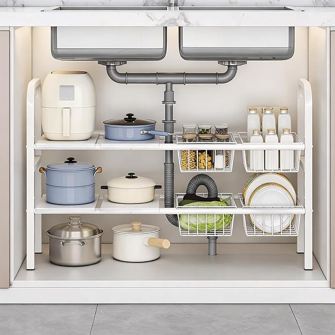 Expandable Under Sink Organizer 26.8 to 35.8 Inches Wide, 2 Tier Carbon Steel Storage Rack for Double Sink Cabinet, P-Trap and Garbage Disposal Friendly, No Tools Required (White)