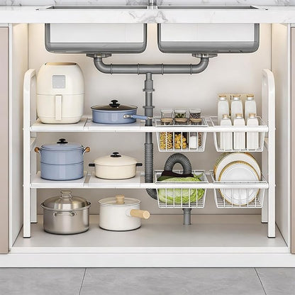 Expandable Under Sink Organizer 26.8 to 35.8 Inches Wide, 2 Tier Carbon Steel Storage Rack for Double Sink Cabinet, P-Trap and Garbage Disposal Friendly, No Tools Required (White)
