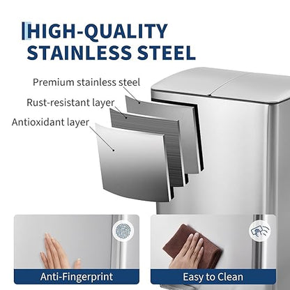GarveeHome Commercial Dual Trash Can, 16 Gallon Stainless Steel Double Compartment Recycling Bin with Soft-Close Lids, Pedals & Plastic Inner Buckets, 60L Garbage Can for Kitchen, Home, Office, Silver