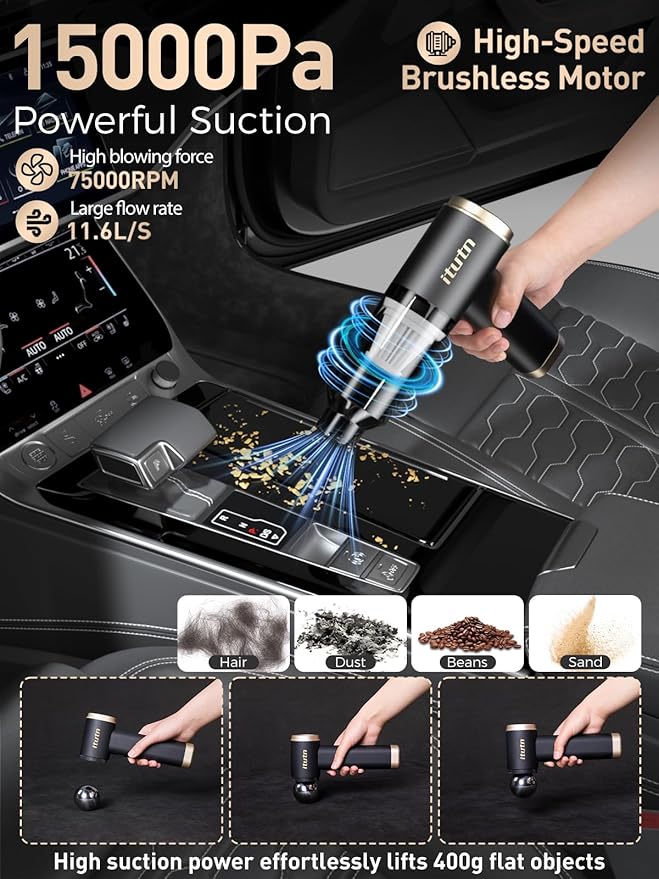 Car Vacuum Portable Cordless, 15000PA Powerful Suction, High Power, Mini Portable Vacuum for Car, Handheld Small Vacuum Cleaner & Air Duster for Home, Office, Desk,PC, Keyboard Cleaning