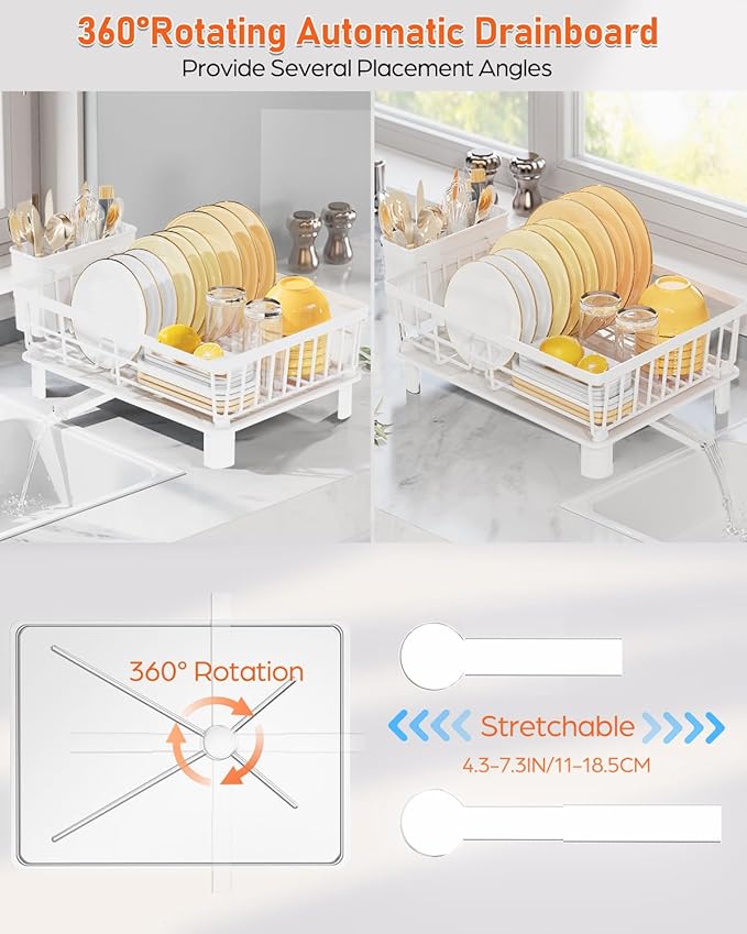 Dish Drying Rack for Kitchen Counter, Multifunctional Dish Rack with 360° Adjustable Spout, Kitchen Organizers and Storage with Cutlery Holder, White