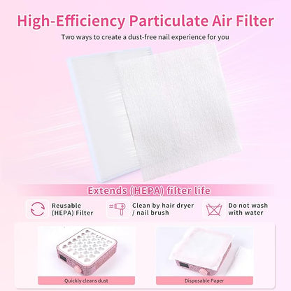 BQAN Nail Dust Collector Portable for Home & Salon - 4200RPM Vacuum with Reusable Filter, for Acrylic Drilling Dust Beginner Friendly Small Manicure Tool (Pink Rhinestones)