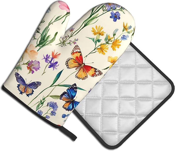 Vintage Floral Oven Mitts and Pot Holders Spring Summer Kitchen Accessories Set of 2 Wildflower Herb Flowers Gloves Potholder for Chef Cooking Baking Grilling BBQ