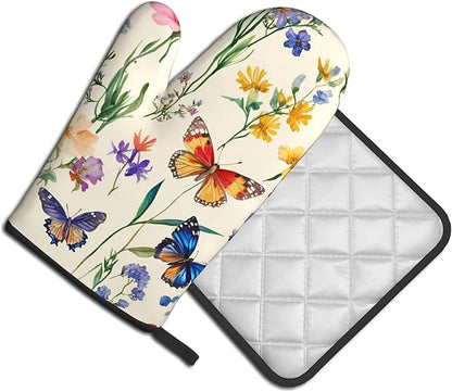 Vintage Floral Oven Mitts and Pot Holders Spring Summer Kitchen Accessories Set of 2 Wildflower Herb Flowers Gloves Potholder for Chef Cooking Baking Grilling BBQ