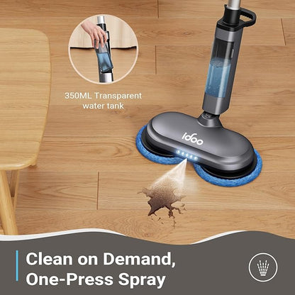 iDOO Cordless Electric Mop, Rechargeable Spin Mop with Water Spray & LED Headlight, Quiet Self Propelled Floor Cleaner, Lightweight Floor Scrubber for All Floors