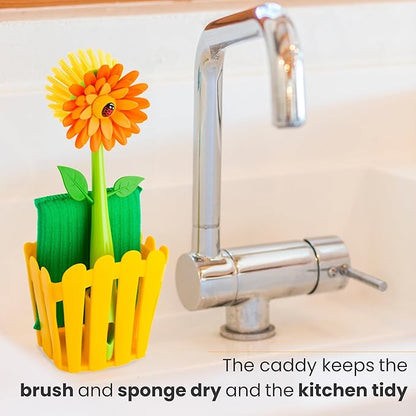 Vigar Flower Power Kitchen Sink Caddy Organizer - Dish Sponge Holder with Flower Dish Brush, Suction Cup & Sponge for Kitchen Sink, Decorative Kitchen Sink Accessories Countertop Storage Set - Orange