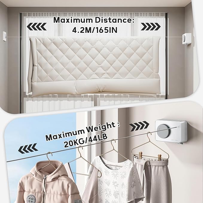 Retractable Clothesline Indoor, Clothes Line Outdoors, Clothesline with Anti-Sagging Function, 165inch Stainless Steel Clothes Drying Line, Can Be Installed in Balcony, Bathroom, Laundry Room