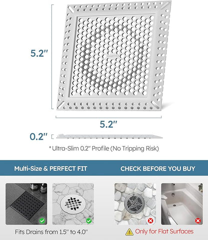 Square Shower Drain Hair Catcher, Flat Shower Drain Hair Catcher, Anti-Clogging Fast Drainage, Anti-Slip & Stays in Place, Easy Clean Fits Bathroom Hair Catcher for Shower (Gray, 4 inch)