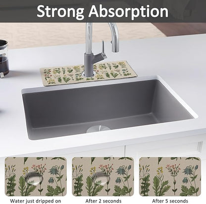 15" X 5.5" Kitchen Sink Splash Guard Faucet Mat Floral Super Absorbent Fast Drying Faucet Guard & Draining Mat Sink Splash Guard Behind Faucet for Kitchen, Bathroom