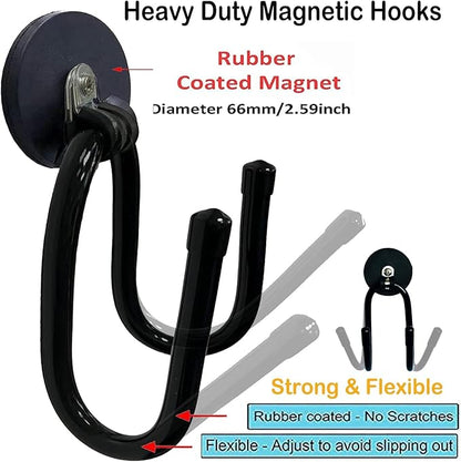 Pmsanzay 2 Pack Strong Magnetic Garage Storage Hooks, Heavy Duty Magnet Organizer Hooks with Rubber Coating for Garden Tools, Hose,Workshop,Pool Tools,for Indoor & Outdoor Hanging (Black)