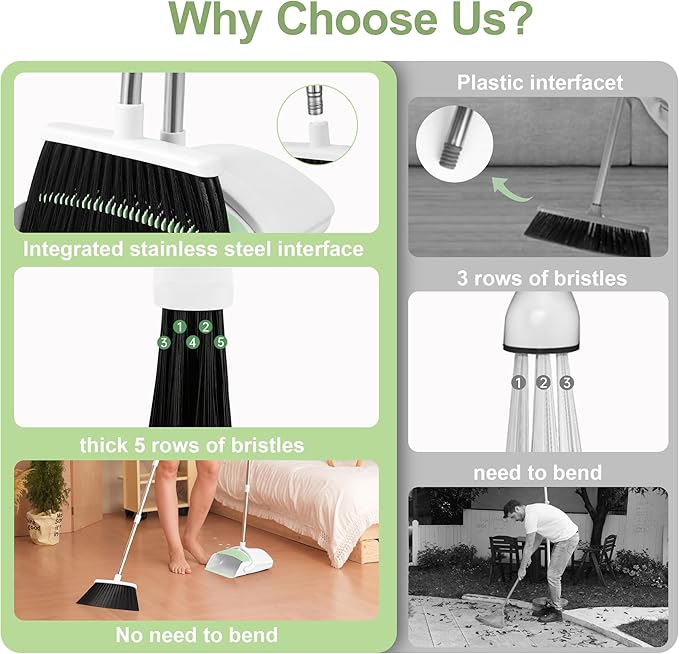 BSKLIN Broom and Dustpan Set, Broom with Dustpan Combo Set with Teeth to Clean Pet Hair 52-in Long Adjustable Handle Broom for Home Office Kitchen Lobb (Green)