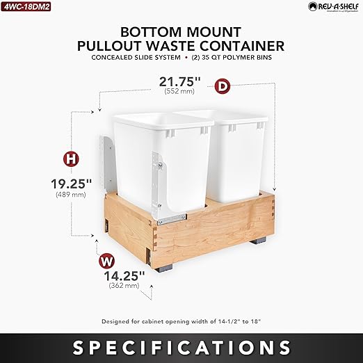 Rev-A-Shelf 35 Qt Bottom Mount Double Pullout Under Cabinet Kitchen Trash Cans for Base Cabinets, 150 Pound Rated Full-Extension Slides, Min Opening Width of 14.5", White, 4WC-18DM2