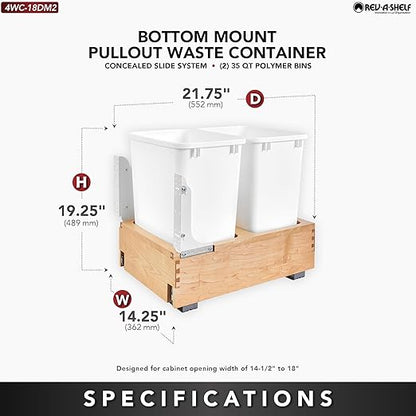 Rev-A-Shelf 35 Qt Bottom Mount Double Pullout Under Cabinet Kitchen Trash Cans for Base Cabinets, 150 Pound Rated Full-Extension Slides, Min Opening Width of 14.5", White, 4WC-18DM2