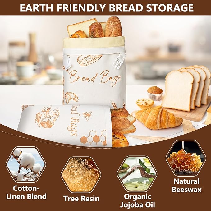 Beeswax Bread Bags for Sourdough(2 Pack), Wax bread bags for homemade bread, Beeswax Bread Bag, Keep Freshness, Beeswax bags for bread, Upgrade Food Storage Bag, Reusable,XL Cap | Reusable, 100% Natural Cotton, Keep Freshness, Beeswax Lined, Food Grade...