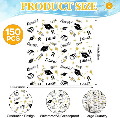 FOIMAS 150pcs Graduation Wax Paper,9.8 x 9.8 Inch Congrats Grad Food Deli Paper Grad Cap Sandwich Basket Liner for 2026 Graduation Party Kitchen Supply