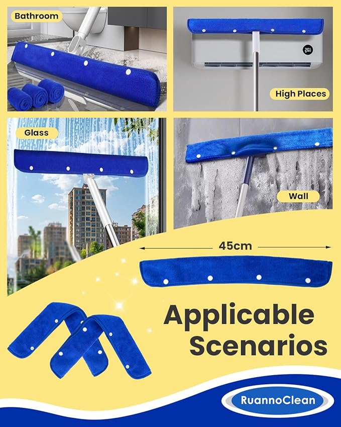 Floor Squeegee Pads, Microfiber, 45cm, 4 Pack, Blue, Mop Replacement Pads, Floor, Wall