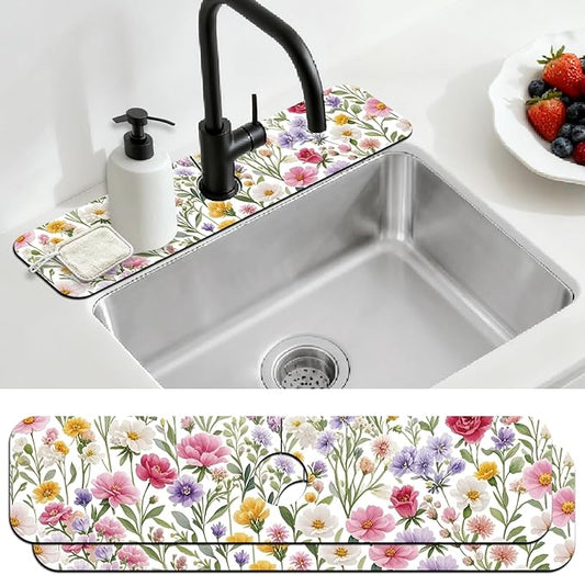 2 Pcs Kitchen Sink Splash Guard Faucet Mats Colorful Watercolor Flowers and Plants Pattern Faucet Mat for Sinks Absorbing Drying Mat for Kitchen Bathroom, 23.6x5.5inch