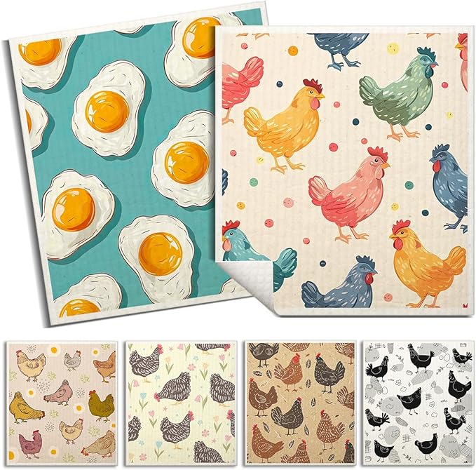 Swedish Dishcloths for Kitchen | 6 Pack Floral Reusable Paper Towels Washable | Swedish Dish Towels | Non-Scratch Cellulose Sponge Cloths | No Odor, Biodegradable Cleaning Cloths, Chicken