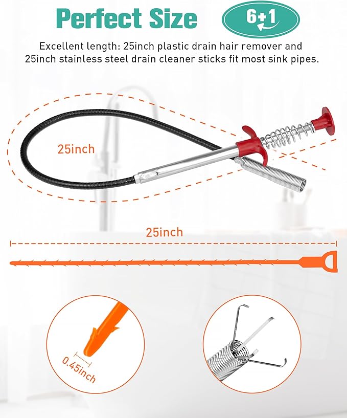 Oanie 7 Pack Drain Cleaner - 25inch Hair Clog Remover Tool, Sticks To Drain Hair, Sink Snake for Shower, Kitchen Sink, Bath Tub, Bathroom
