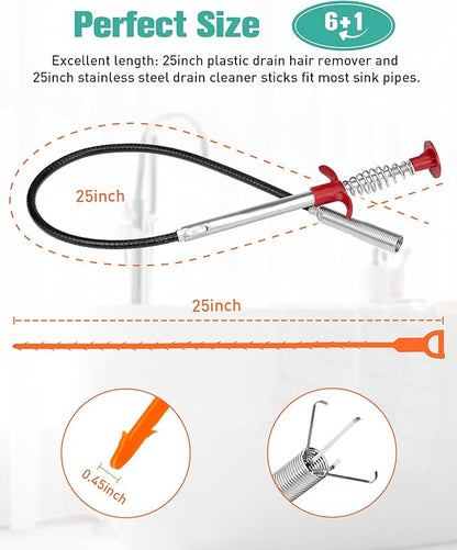 Oanie 7 Pack Drain Cleaner - 25inch Hair Clog Remover Tool, Sticks To Drain Hair, Sink Snake for Shower, Kitchen Sink, Bath Tub, Bathroom