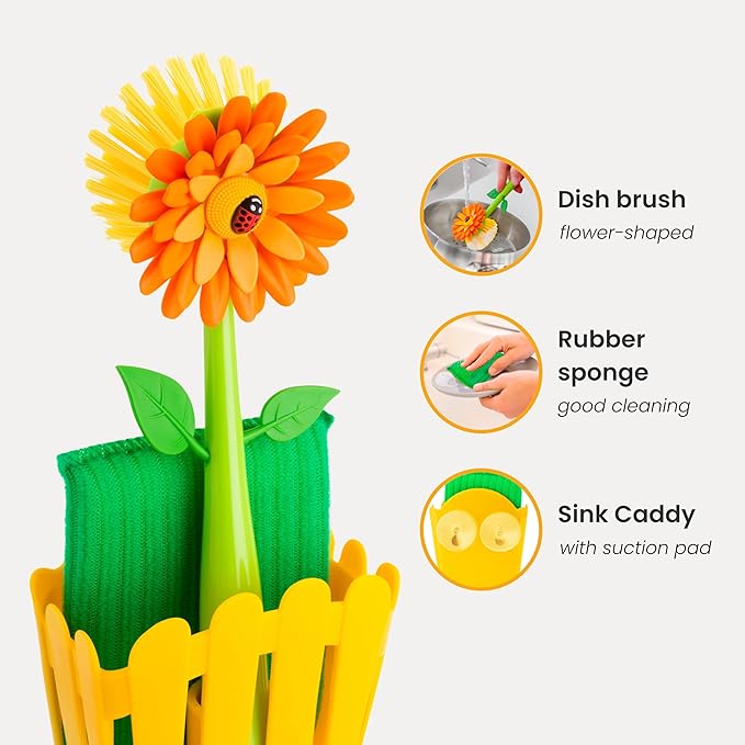 Vigar Flower Power Kitchen Sink Caddy Organizer - Dish Sponge Holder with Flower Dish Brush, Suction Cup & Sponge for Kitchen Sink, Decorative Kitchen Sink Accessories Countertop Storage Set - Orange