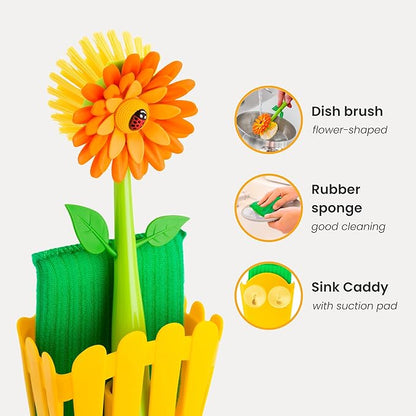 Vigar Flower Power Kitchen Sink Caddy Organizer - Dish Sponge Holder with Flower Dish Brush, Suction Cup & Sponge for Kitchen Sink, Decorative Kitchen Sink Accessories Countertop Storage Set - Orange