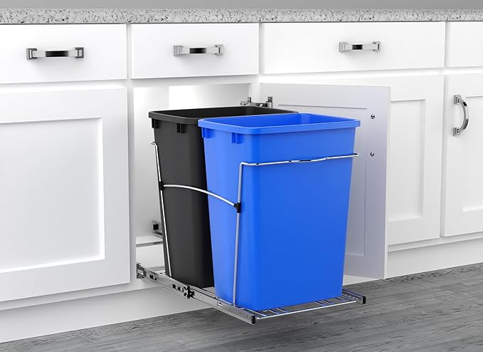 Rev-A-Shelf Double 35 Qt Pullout Trash Can for Base Kitchen Cabinets, Garbage Waste & Recycling Bin System with Full Extension Slides, Min Opening Width of 14.5", Blue/Black, RV-18KD-2218C-S