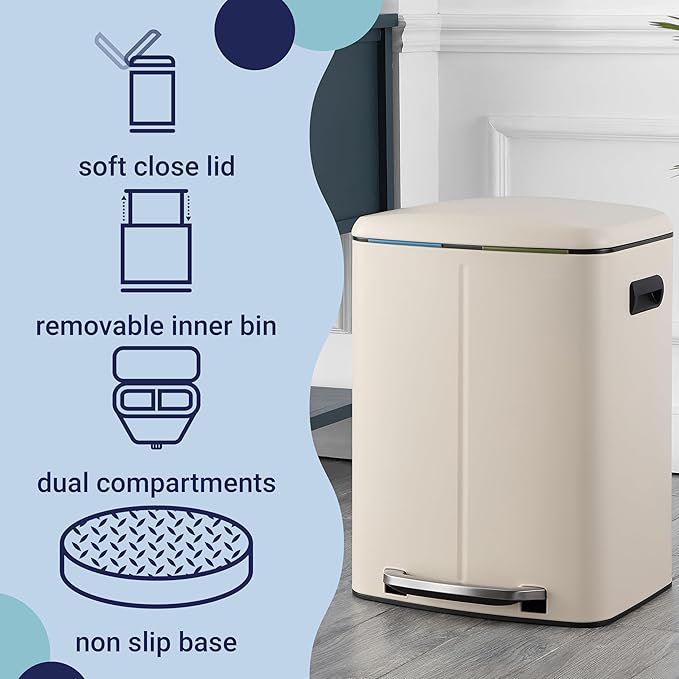 happimess HPM1005F Marco Rectangular 10.6-Gallon Double Bucket Trash Can with Soft-Close Lid, Limestone Beige, Fingerprint Resistant, Modern, Minimalistic for Home, Kitchen, Office, Bedroom, Bathroom