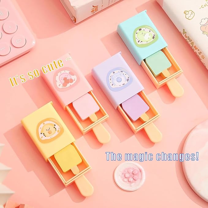 4pcs - Popsicle Shaped Fun Magic Box Eraser Cute Cartoon Ice Cream Chip Eraser-Fun erasers (4 Pieces)