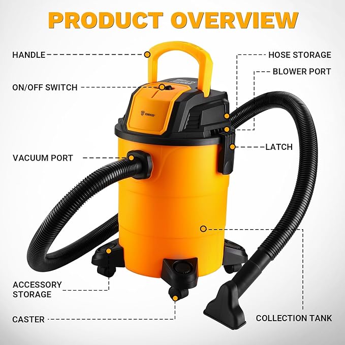 DEKOPRO Shop Vacuum Wet and Dry:4-Gallon 3 Peak HP Portable Shop Vac, Car Vacuum with 6Ft Hose, 10 Ft Cord, Wet Dry Vacuum Cleaner with Filter and Brush Accessories for Homes, Pets, and Cars