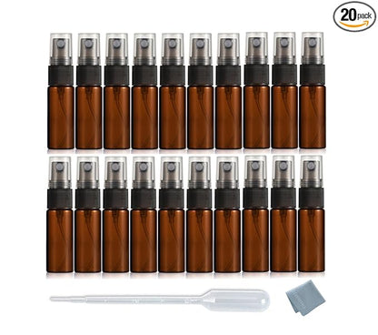 Elfenstall- 20pcs Amber 5ml 1/6oz Atomizer Vial Glass Bottle Spray Refillable Perfume Empty Fine Mist Sample Bottle Clean Cloth Free 3ML Pipette for Travel Party